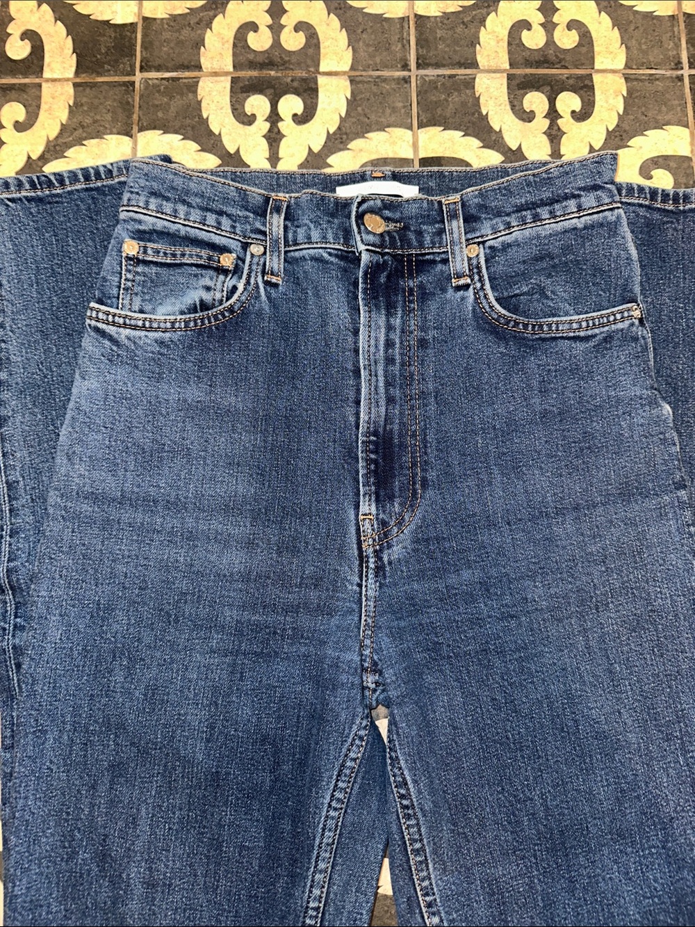 Helmut Lang dark blue denim jeans with leather logo tab